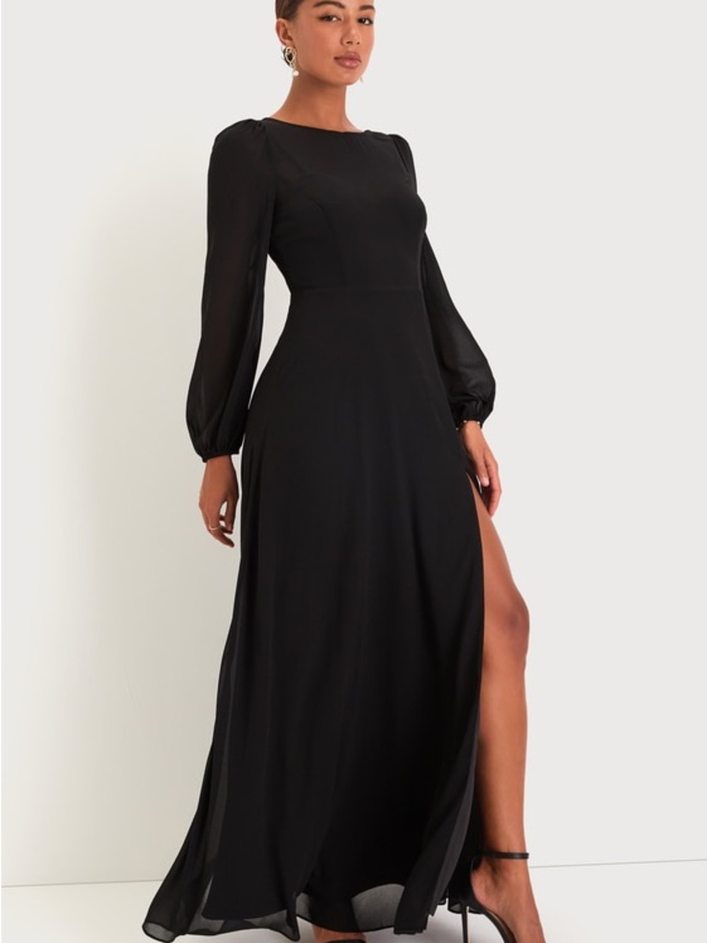 Lulu's Black Long Sleeve Satin-Trim Evening Dress with High Slit - Picture 4 of 4